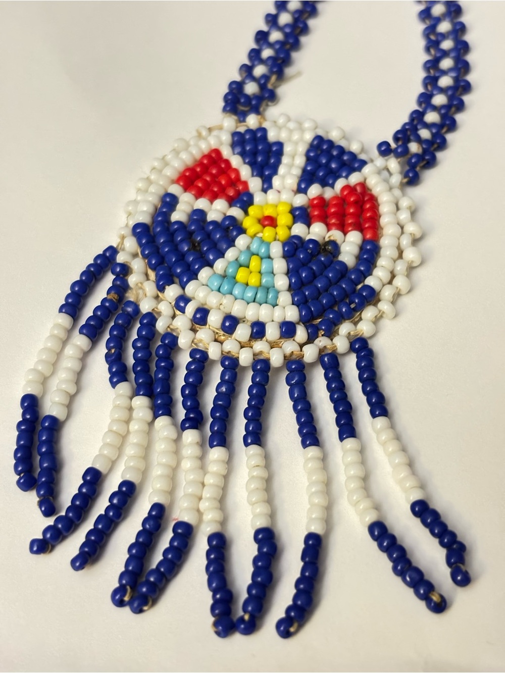 Vintage Handmade Seed Bead Medallion Fringe Necklace Blue White Boho Folk Art